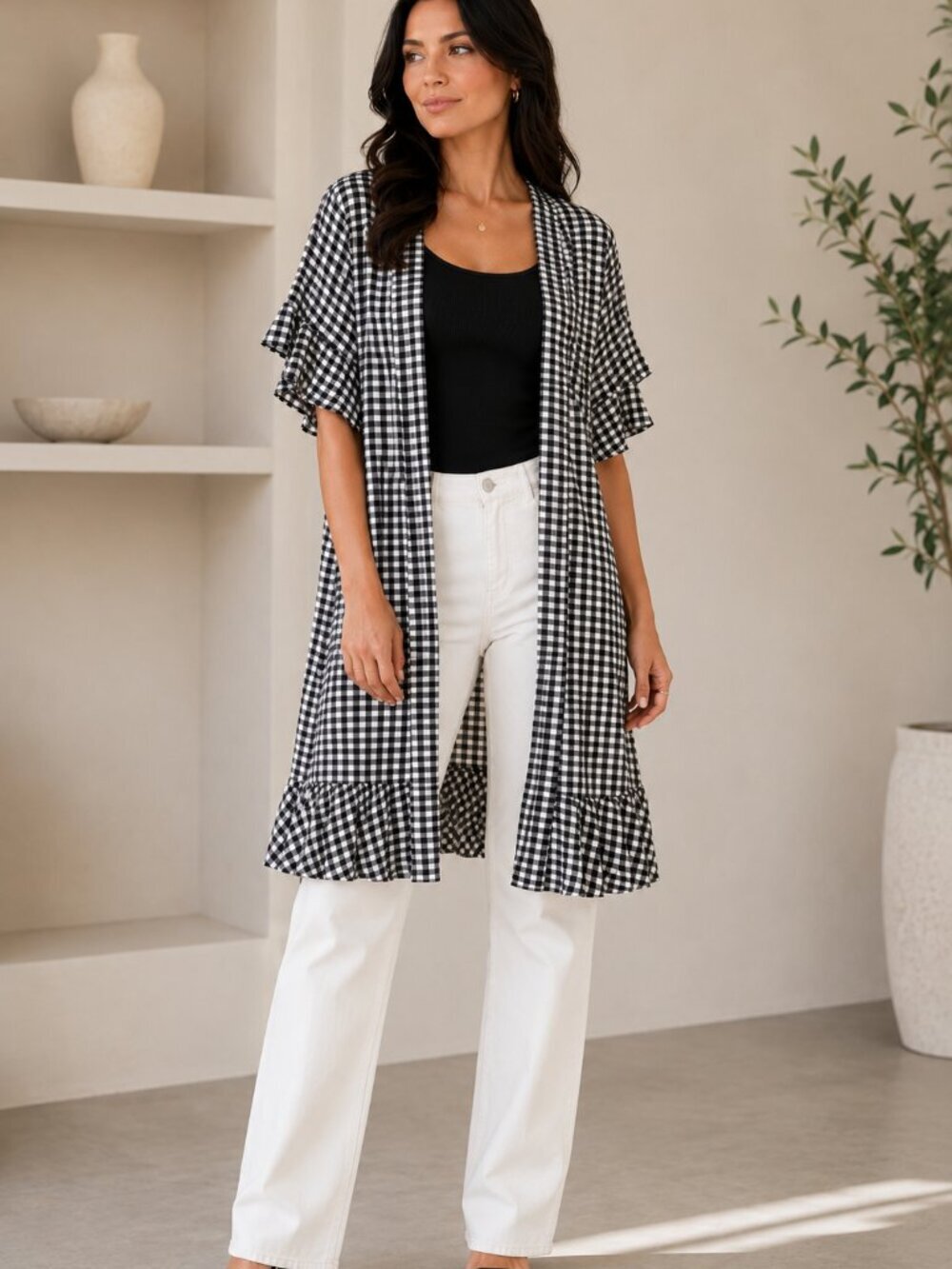 Le Lis NWT Gingham Ruffle Kimono Size M Cottagecore Boho Layering Cardigan